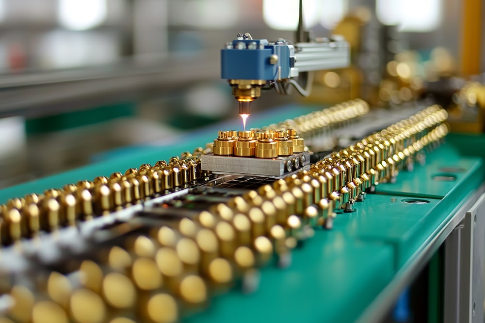 Precision task execution concept. Precision machinery processing metallic components in a factory setting.